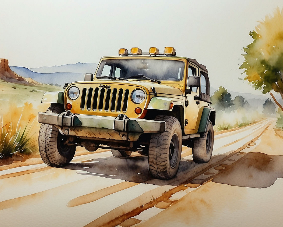 A yellow Jeep with a rugged design drives along a dusty desert road, surrounded by sparse vegetation and distant hills under a clear sky.