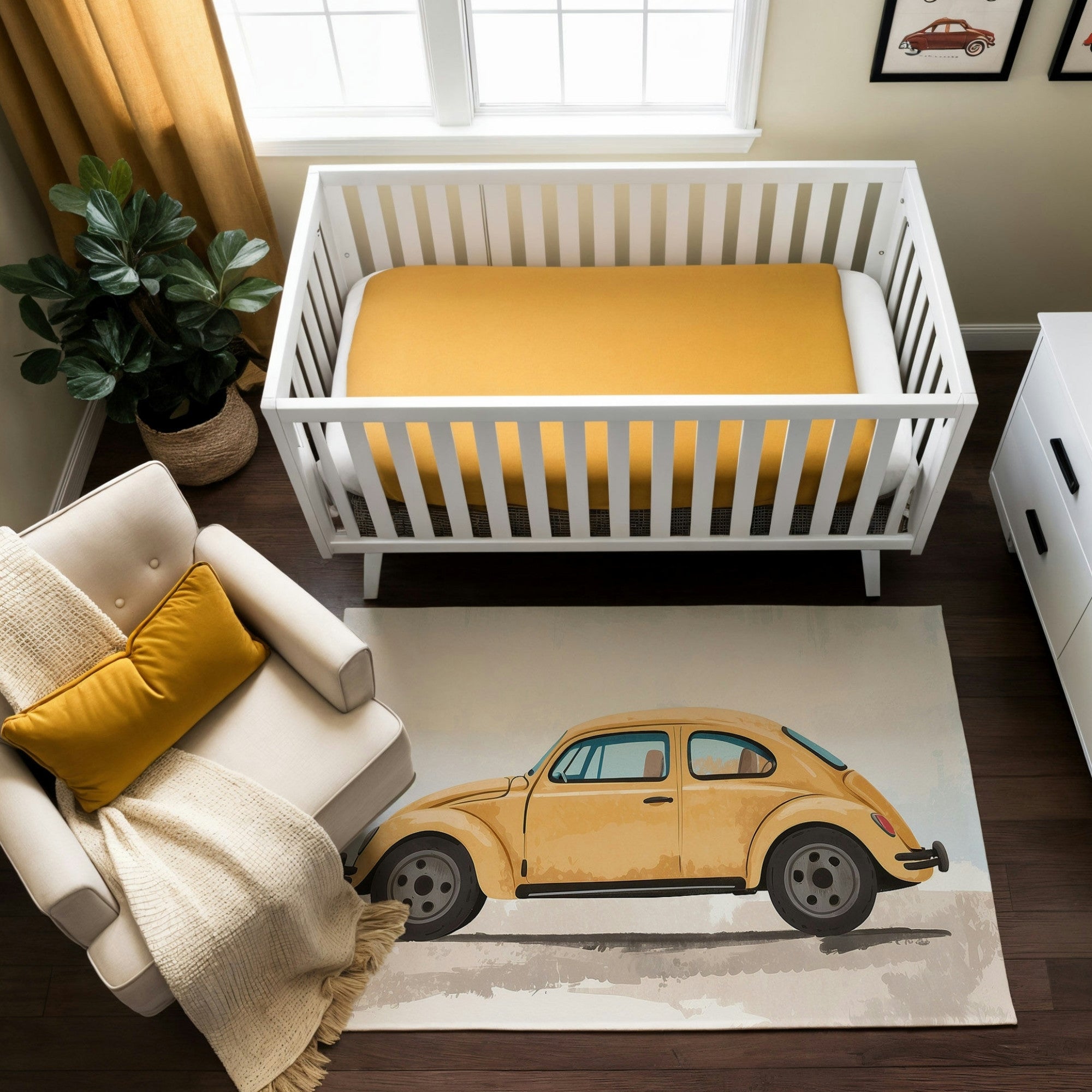 This nursery features a cheerful and retro vibe with a bright yellow and white color palette. A white crib with a vibrant yellow mattress is paired with a cozy armchair accented by a mustard pillow and a soft knit throw. The centerpiece is a whimsical rug showcasing a vintage yellow car, adding a nostalgic and playful touch to the space. Natural greenery, warm wood tones, and car-themed wall art complete the inviting and unique decor.