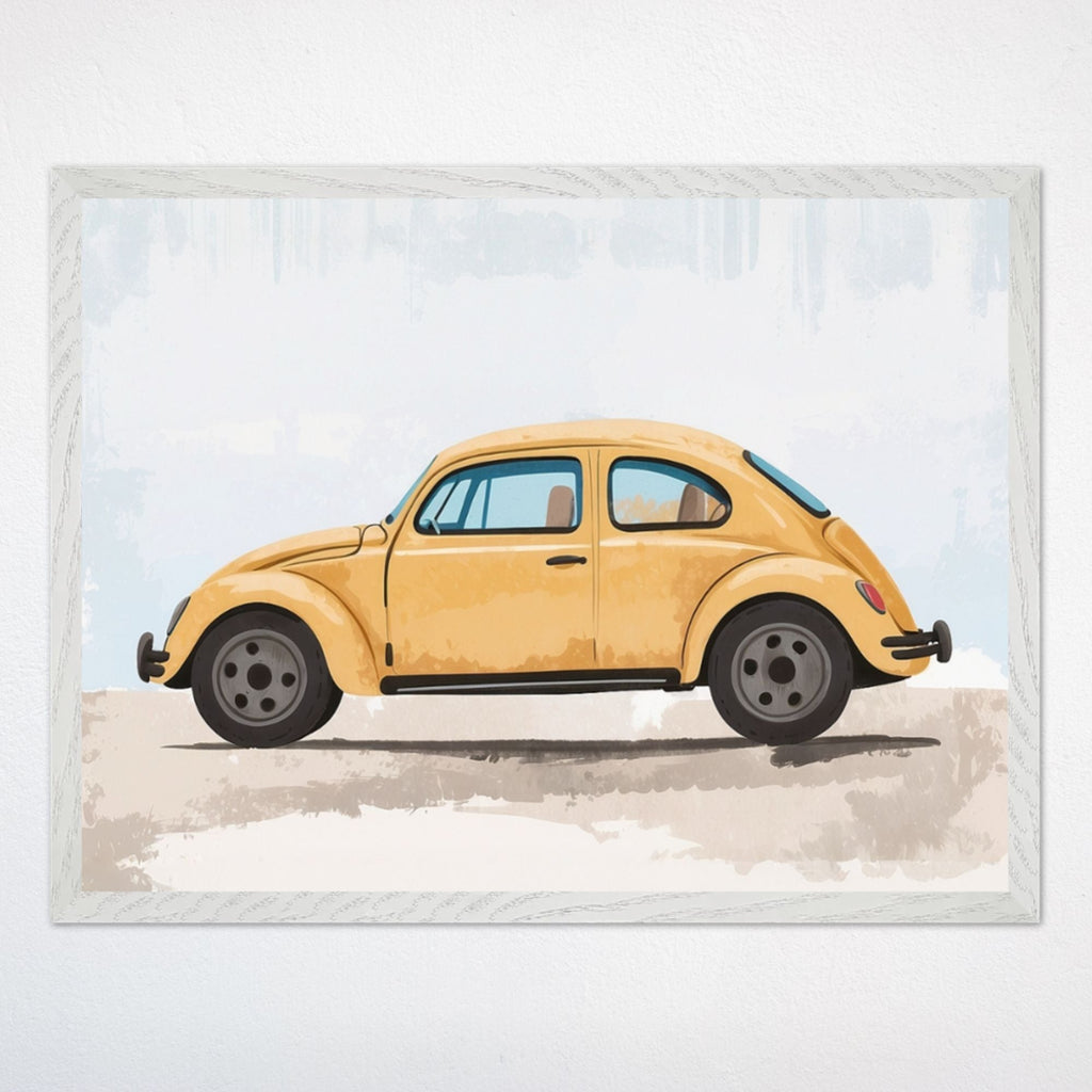 This image features a framed illustration of a classic yellow Volkswagen Beetle in a side profile view, set against a soft, textured pastel background. The artwork captures the iconic, nostalgic charm of the car with subtle details and warm tones. The white frame adds a clean, minimalist touch, making it a perfect piece for a vintage or automotive-inspired decor.