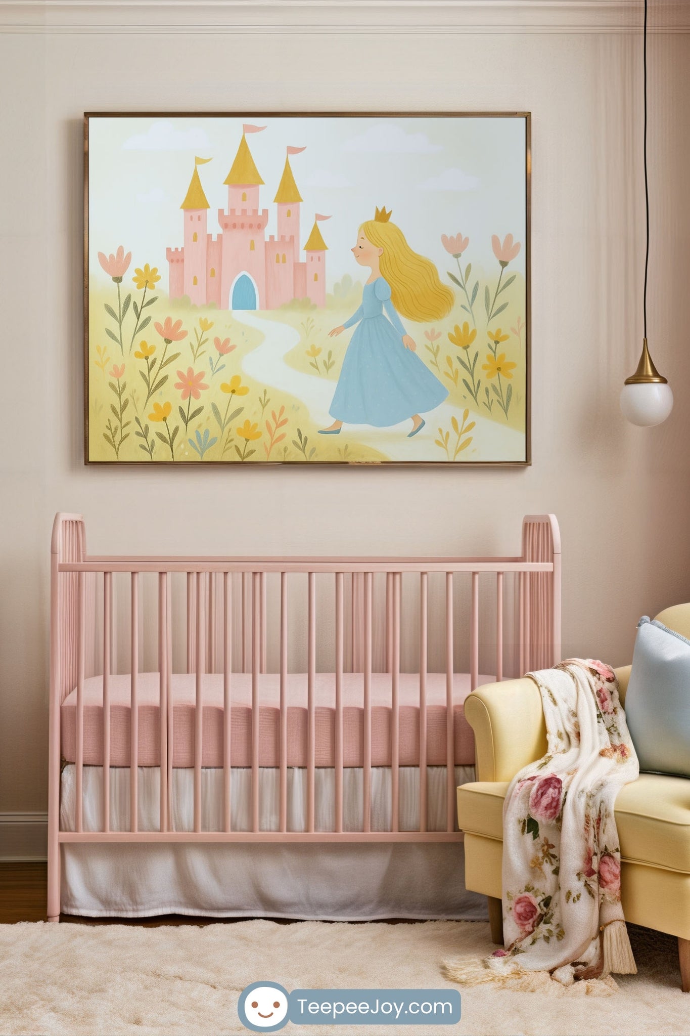 Whimsical nursery with a soft pink crib and pastel decor, including a floral throw on a pale yellow armchair. Above the crib hangs a fairytale-themed wall art showing a blonde princess in a blue gown walking along a winding path toward a pink castle with golden spires, surrounded by cheerful wildflowers.