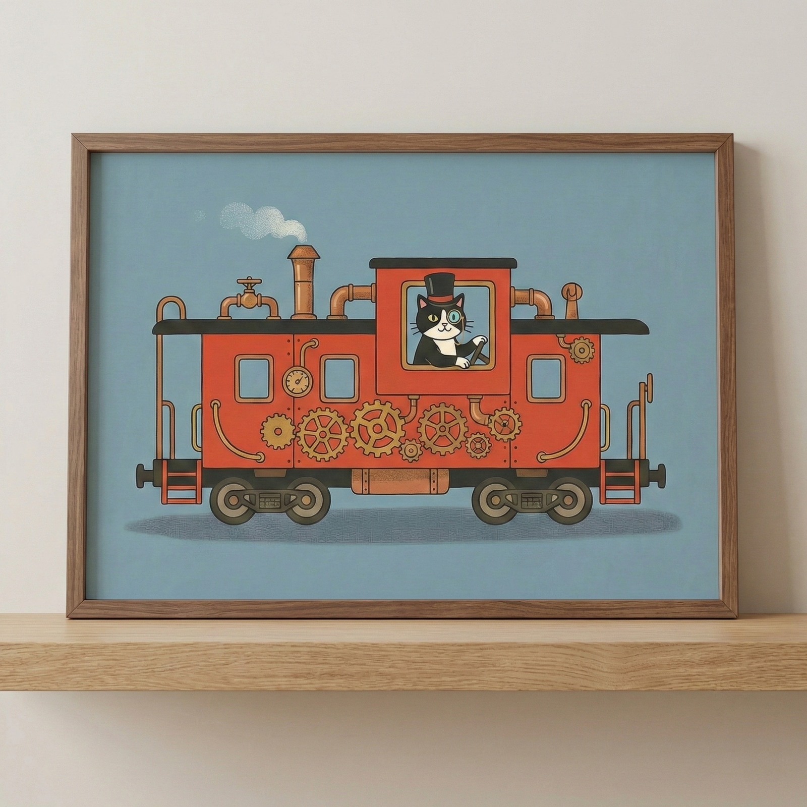 Framed wall art featuring an illustration of a tuxedo cat driving a red steampunk vehicle, shown in a light-brown wooden frame resting on a wooden shelf against a plain, neutral wall.