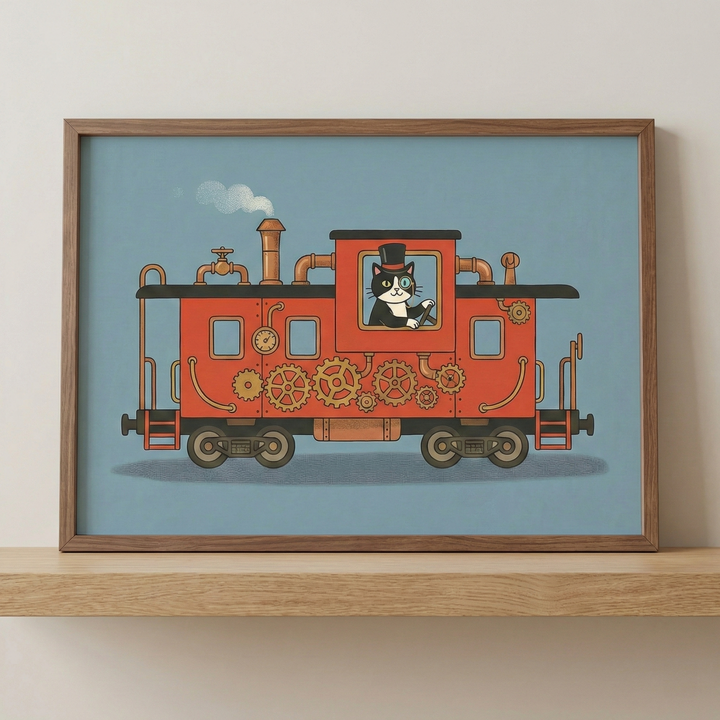 Framed wall art featuring an illustration of a tuxedo cat driving a red steampunk vehicle, shown in a light-brown wooden frame resting on a wooden shelf against a plain, neutral wall.