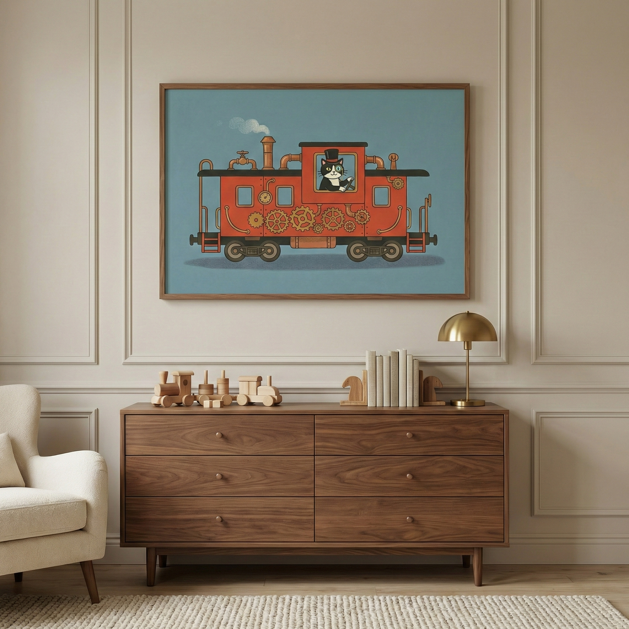 Whimsical steampunk cat vehicle wall art hanging above a dark wood mid-century dresser in an elegant scandinavian nursery.