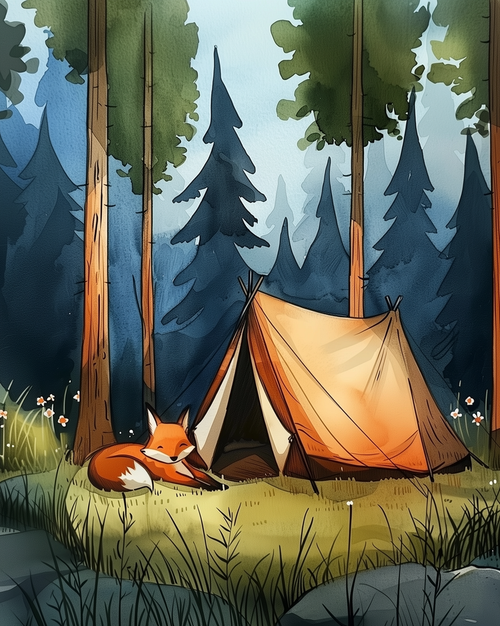 A cozy campsite is set up in a sun-dappled forest clearing, with a canvas tent pitched between tall pine trees. A content fox rests peacefully beside the tent, surrounded by wildflowers and soft grass, creating a serene and inviting woodland scene.