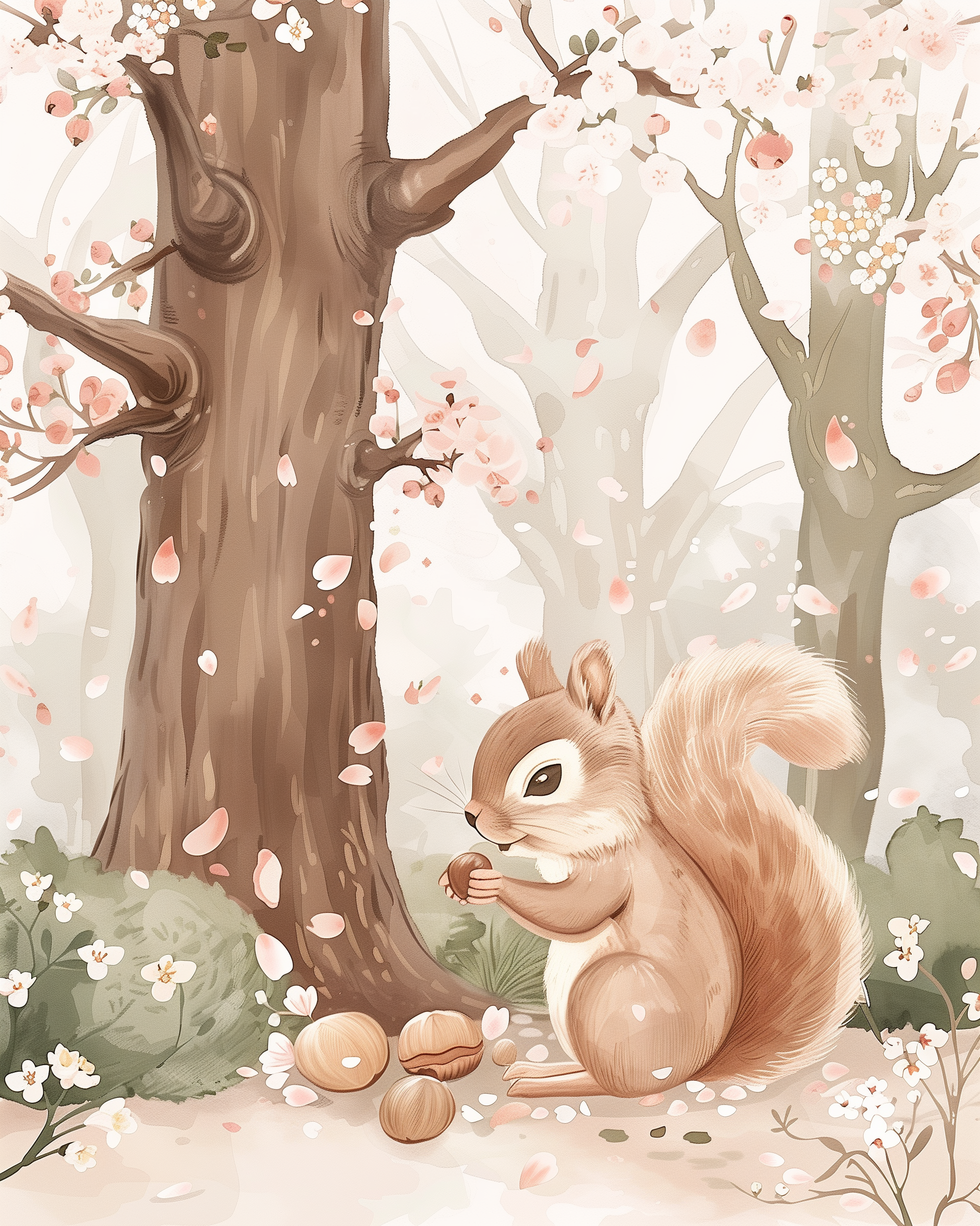 A fluffy squirrel with a bushy tail sits beneath a blossoming tree, holding a nut in its paws as more nuts lie scattered on the ground. Surrounded by soft pink petals and spring flowers, the woodland scene feels gentle and full of quiet charm.