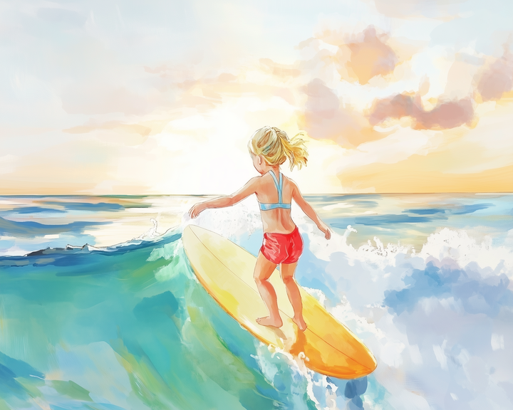 A young girl in a blue bikini top and red shorts confidently surfs a wave on a yellow board at sunset. The golden light reflects off the ocean, blending warm skies with cool turquoise waves in a serene summer scene.