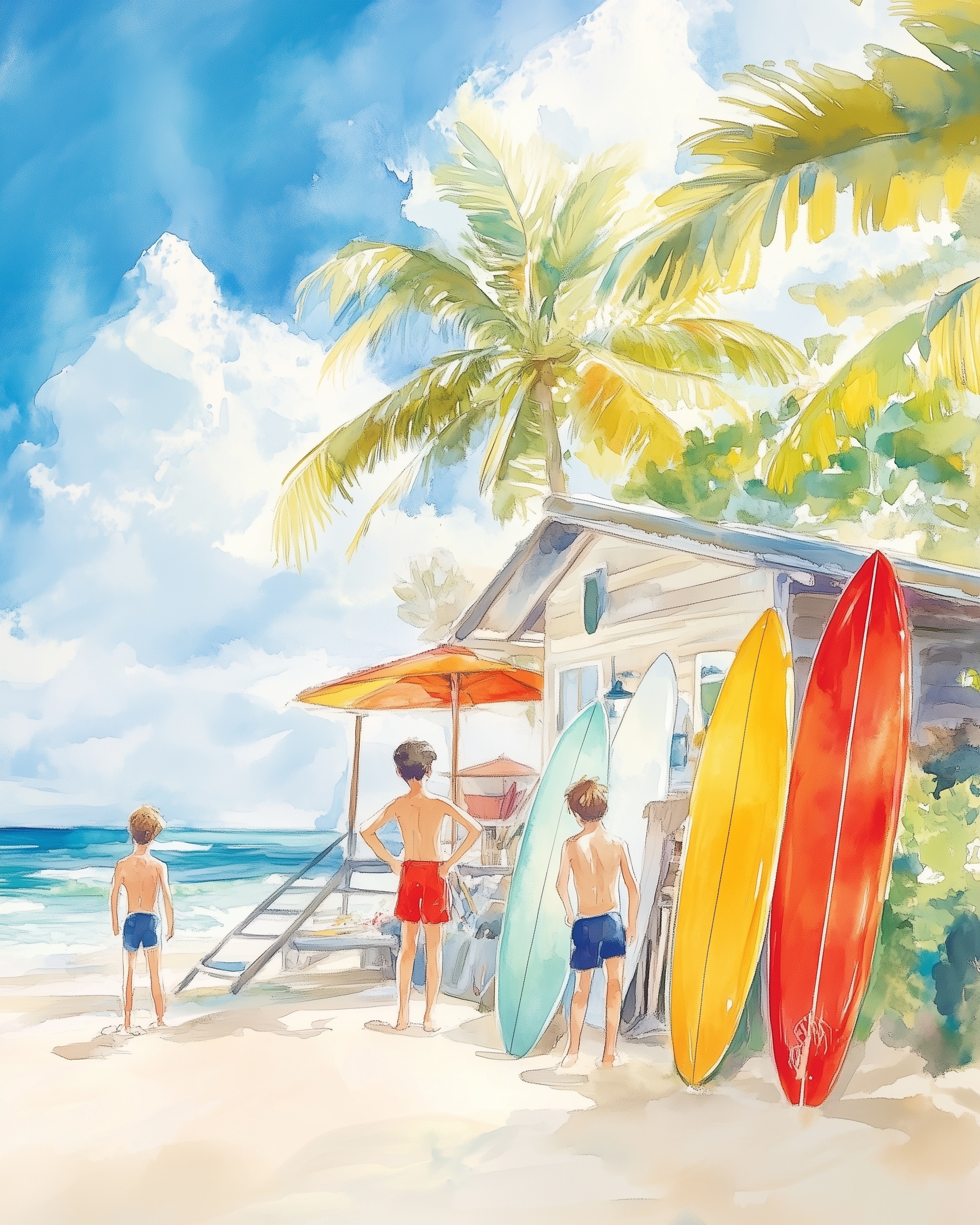 Three boys in swim trunks stand on a sunny beach near a small surf shack, surrounded by palm trees and vibrant surfboards in red, yellow, and aqua blue. The clear sky, crashing waves, and bright colors evoke a perfect summer day filled with adventure.