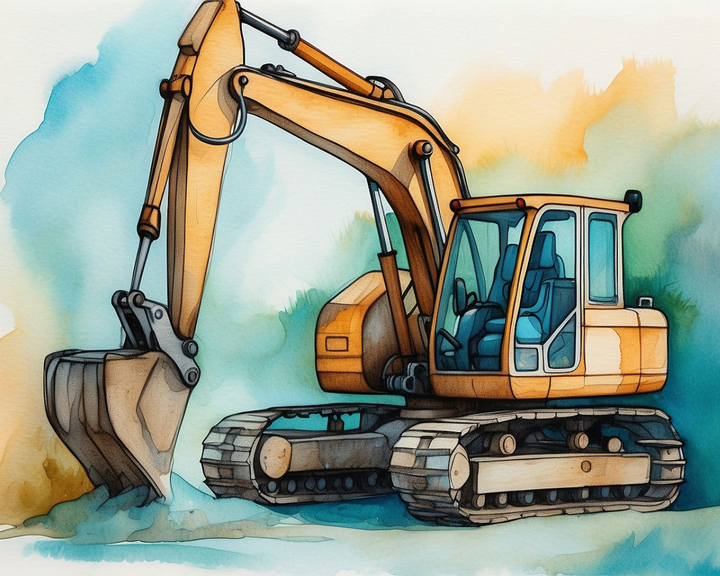 A watercolor illustration of an excavator with a large bucket and prominent tracks, set against a softly blended background of blue and orange hues.