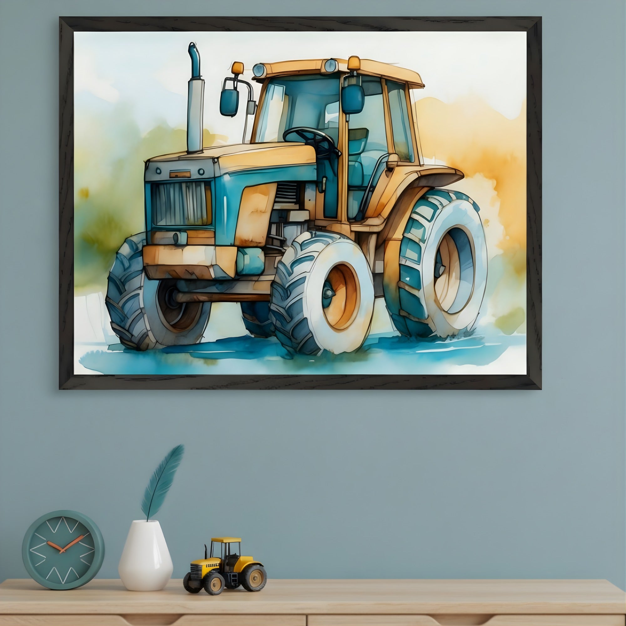 Modern room with a light wood dresser. A large framed watercolor painting of a yellow and blue tractor hangs centered above the dresser. On the dresser are a teal clock, a white vase with a feather, and a miniature yellow tractor.