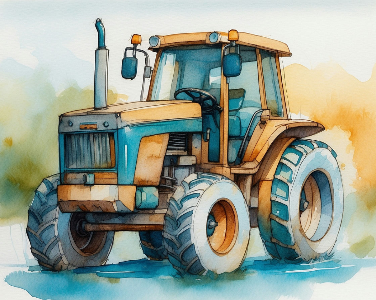 A watercolor painting of a vintage tractor with large, textured tires and a prominent exhaust pipe, set against a soft, blurred background of greenery and sky.