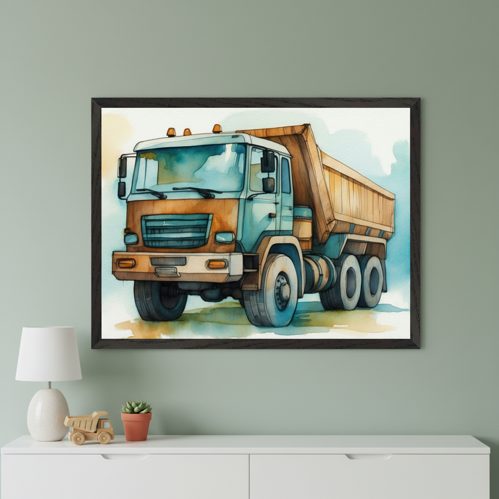 Kid's bedroom with a white dresser. A large framed watercolor painting of a dump truck hangs centered above the dresser. A white lamp, small potted succulent, and wooden toy truck are on the dresser.