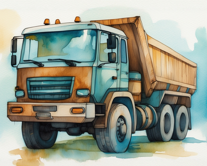 A watercolor illustration of a large dump truck with a blue and brown color scheme, featuring six wheels and an open cargo bed. The truck is depicted on a light, abstract background with soft blue and brown hues.