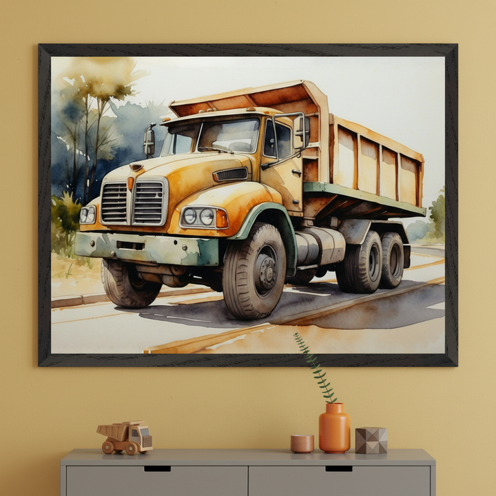 Modern kid's bedroom with a gray dresser. A large black-framed watercolor print of a yellow dump truck is centered above the dresser. A wooden toy dump truck and an orange vase are on the dresser.