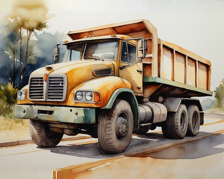 A watercolor illustration of a large, vintage dump truck with an orange and green color scheme, parked on a road. The truck features a robust design with a prominent front grille and dual rear axles. Trees and a soft blue sky form the background.