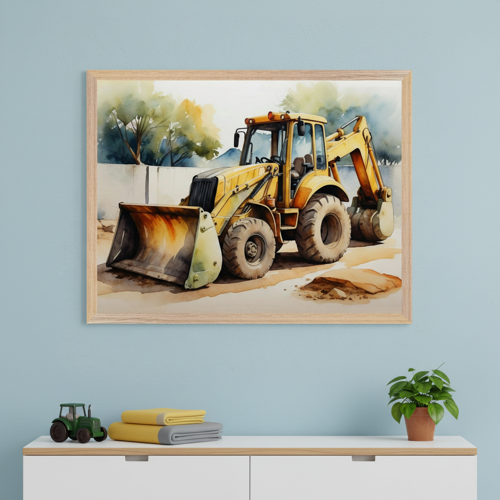 Modern kid's bedroom with a white dresser. A framed watercolor painting of a yellow backhoe on dirt hangs centered above the dresser. A toy tractor, folded yellow and gray blankets, and a potted plant are on the dresser.