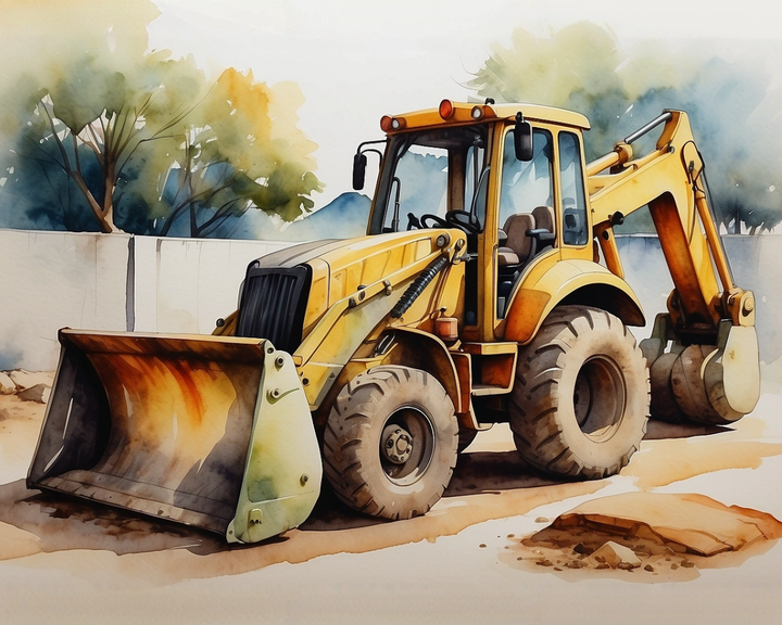 A watercolor illustration of a yellow backhoe loader parked on a dirt surface, with its large front bucket tilted slightly downward. The machine's hefty tires and mechanical arm are prominently displayed. In the background, there are trees with green and yellow foliage and a white fence.
