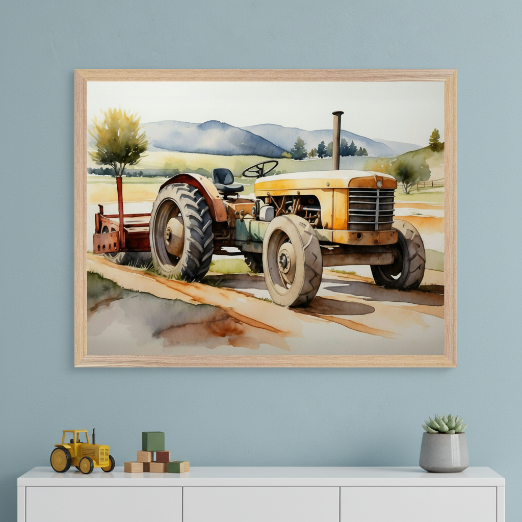 Kid's room with a light blue wall. A large framed watercolor painting of a vintage yellow tractor in a rural scene hangs centrally above a white dresser.