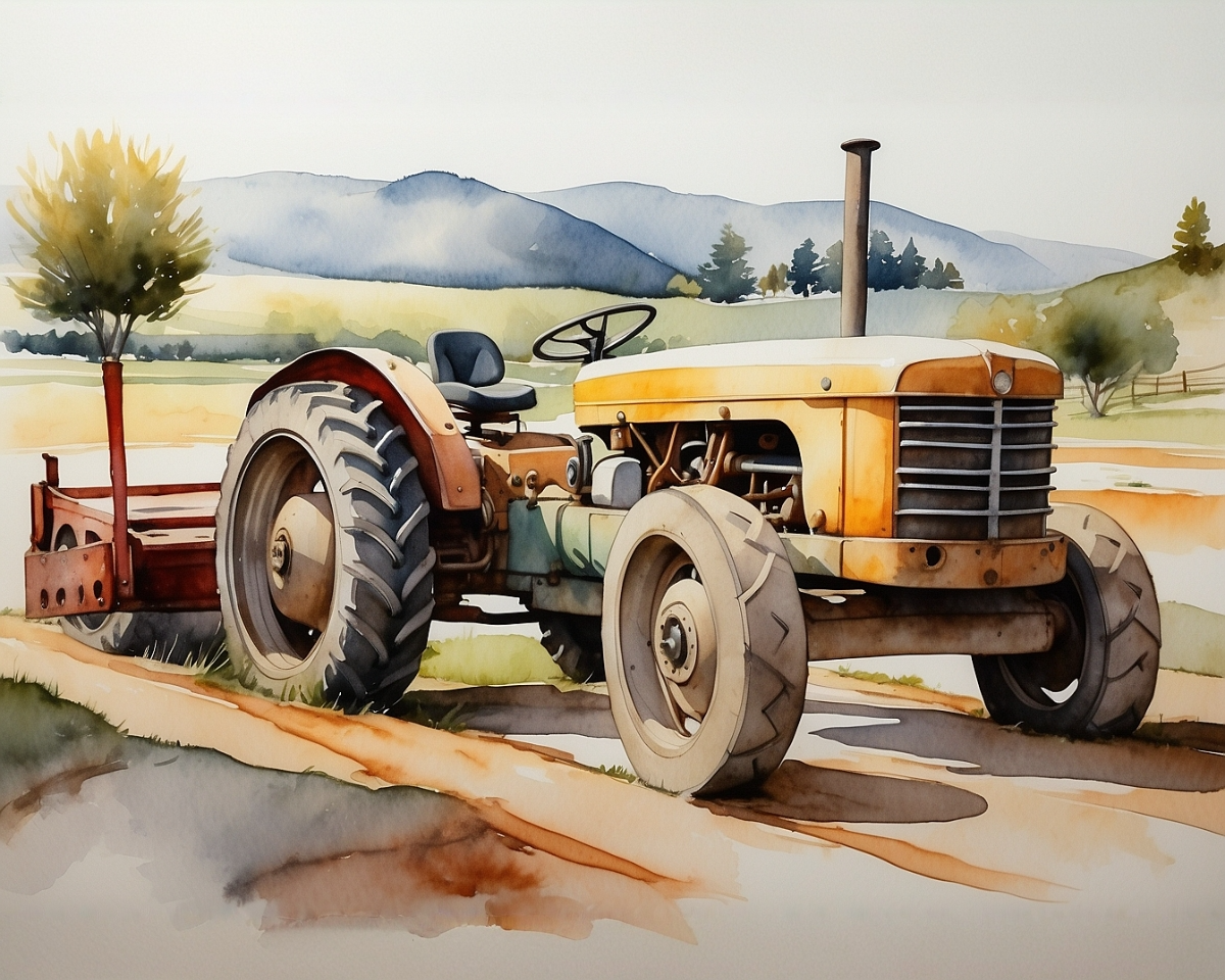 A watercolor painting of an old orange tractor parked on a dirt path, with rolling hills and trees in the background under a clear sky.