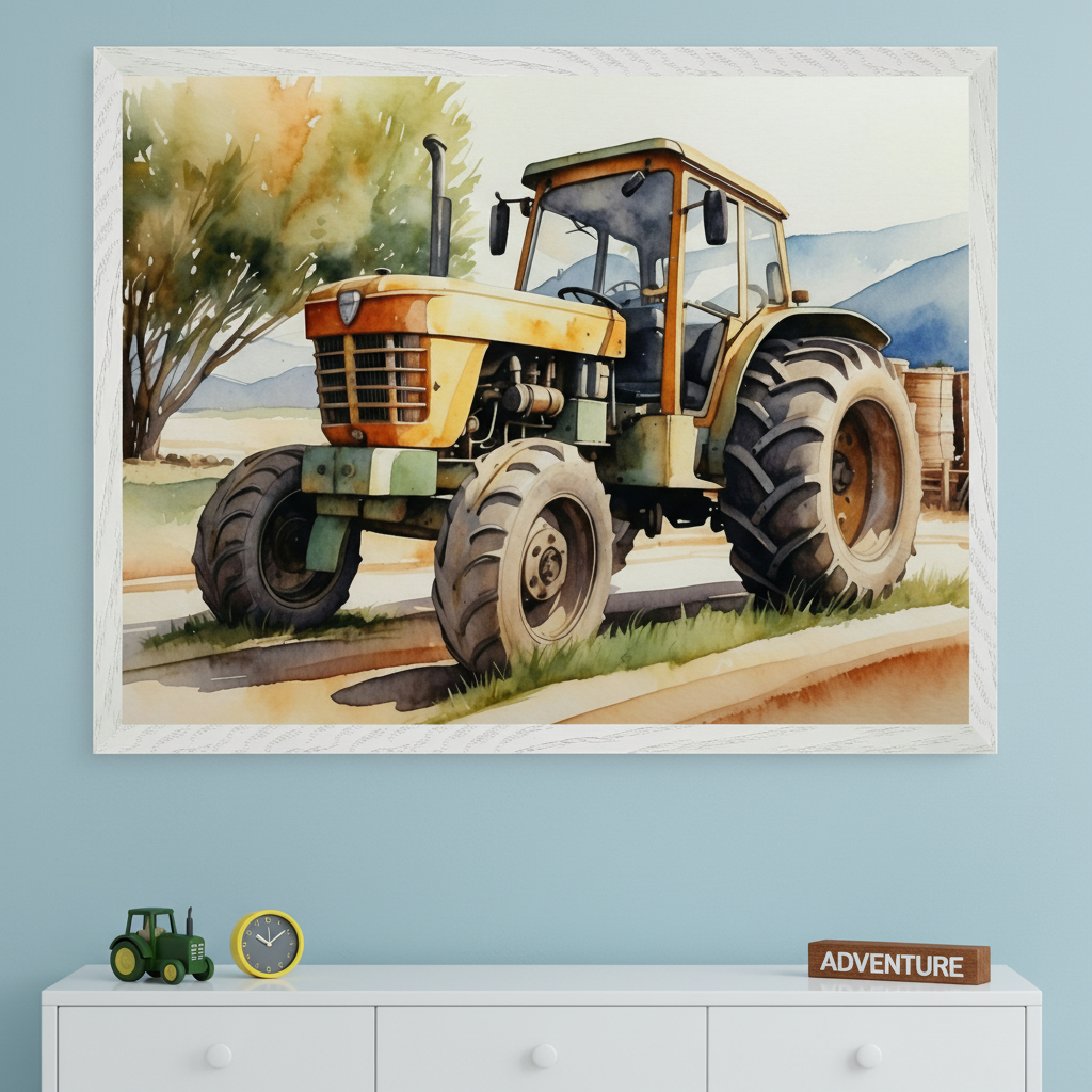 Kid's room with a light blue wall and white dresser. A framed watercolor painting of an old yellow and green tractor in a rural landscape hangs centered above the dresser. A green toy tractor, a yellow clock, and an "ADVENTURE" block are on the dresser.