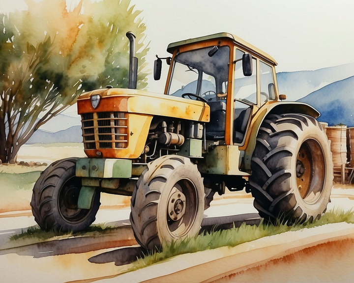 A watercolor painting of an old, rustic tractor with large tires, parked on a dirt path. The tractor is orange and green, set against a backdrop of trees and distant mountains under a clear sky.