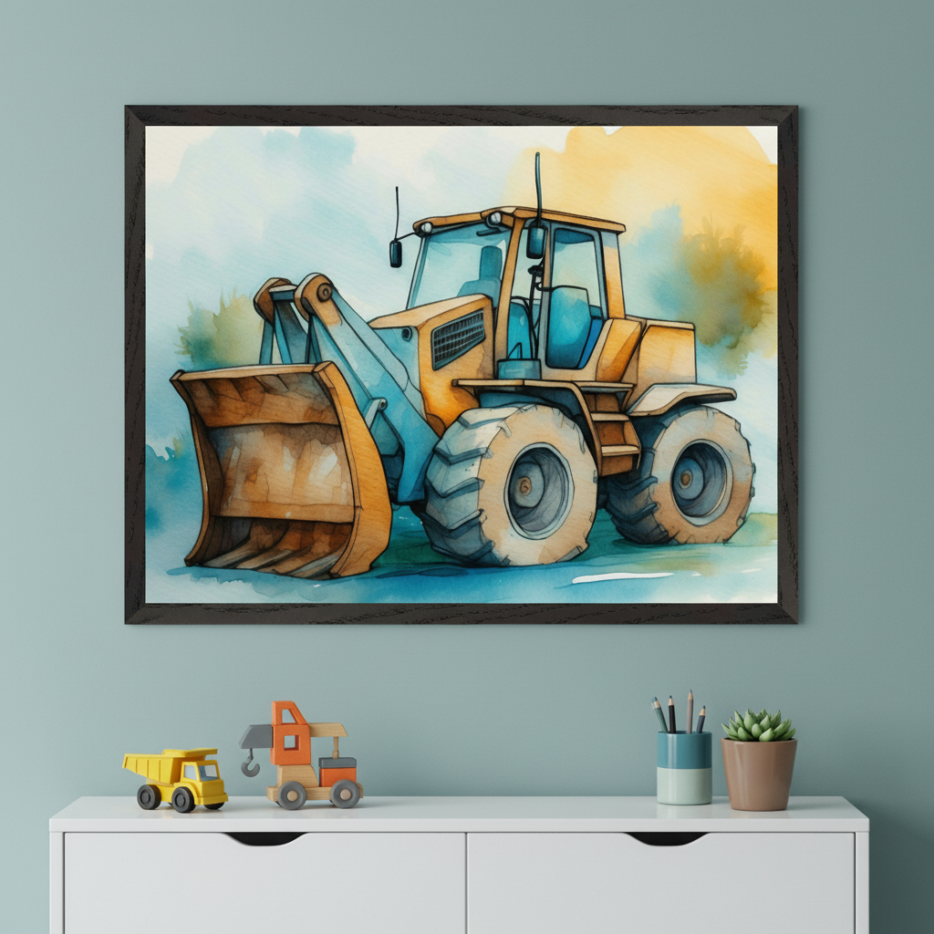 Modern room with a light wood dresser. A large framed watercolor painting of a yellow and blue tractor hangs centered above the dresser. On the dresser are a teal clock, a white vase with a feather, and a miniature yellow tractor.