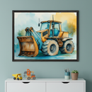 Modern room with a light wood dresser. A large framed watercolor painting of a yellow and blue tractor hangs centered above the dresser. On the dresser are a teal clock, a white vase with a feather, and a miniature yellow tractor.