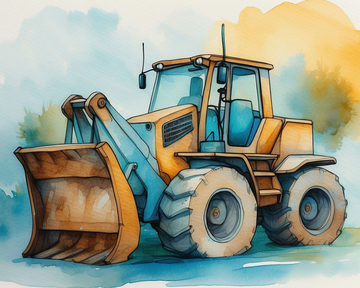 A watercolor painting of a vintage tractor with large, textured tires and a weathered blue and orange body, set against a soft, blurred background of green and yellow hues.