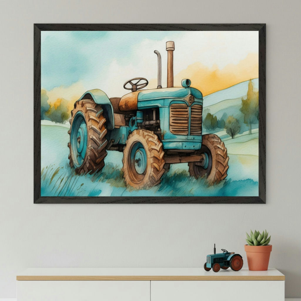 Modern room with a light wood and white console table. A large framed watercolor painting of an old blue tractor in a field hangs centered above the table. A small blue tractor toy and a potted succulent are on the table.