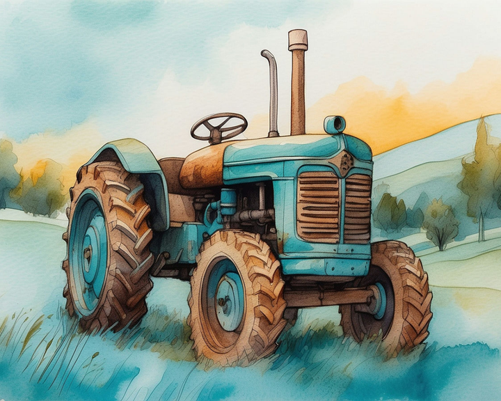 A vintage blue tractor with large, rugged tires sits in a grassy field, surrounded by softly painted hills and trees under a pastel sky.