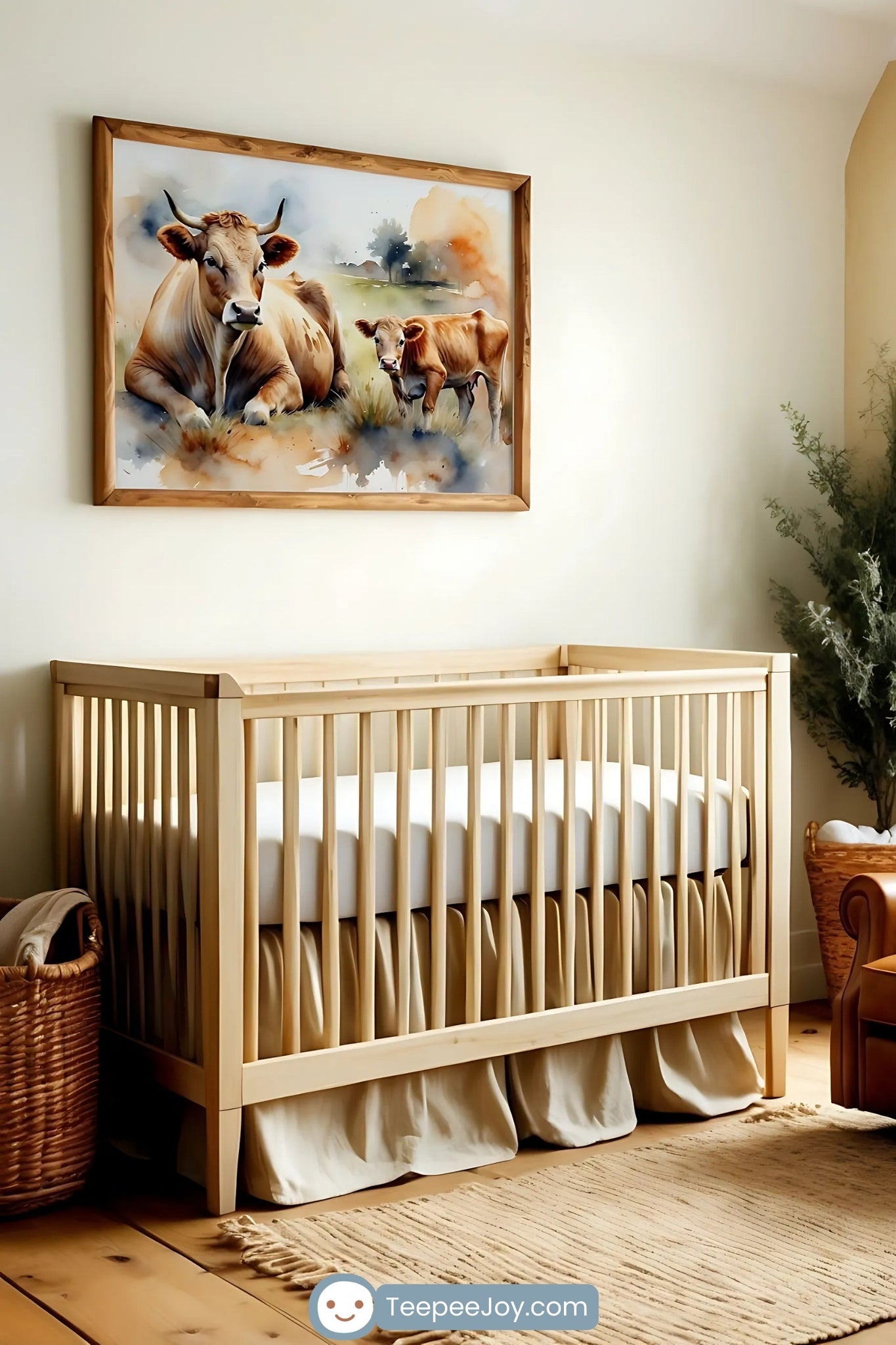 This image showcases a rustic-inspired nursery with a natural wood crib beneath a framed watercolor painting of a cow and calf in a peaceful pastoral setting. The room is accented with a caramel leather armchair, a woven basket with greenery, and a textured jute rug, creating a cozy and earthy atmosphere. Warm tones and natural textures throughout the space complement the serene countryside theme of the artwork.