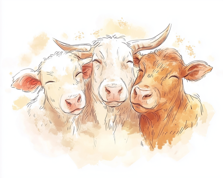 A soft watercolor-style illustration of three smiling cows with their eyes closed, leaning gently into each other. The trio includes a white calf, a horned white cow, and a brown cow, all surrounded by warm splashes of beige and orange.
