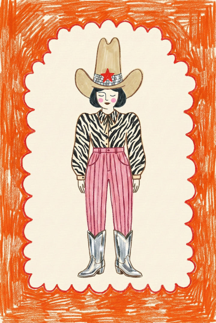 Framed crayon-style drawing of a fashionable cowboy figure with a zebra-striped shirt, high-waisted pink pants, silver boots, and a large tan hat with a red star. The bold orange scalloped border adds a playful, energetic touch to the portrait.