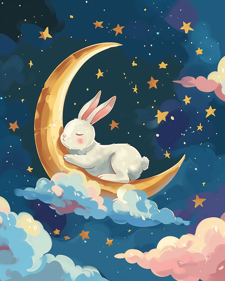 Cute white bunny with pink cheeks sleeps curled up on a golden crescent moon surrounded by fluffy pastel clouds and twinkling stars. The dreamy night sky glows in deep blues and purples, creating a soft, magical bedtime scene.