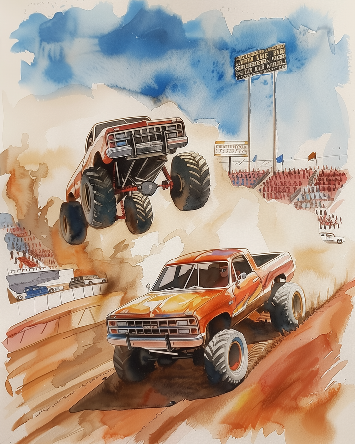 Two monster trucks tear through a dirt arena, with one catching big air off a ramp while the other speeds ahead on the ground. The stadium is filled with cheering fans under a vivid blue sky, capturing the thrill and energy of a live motorsport event.