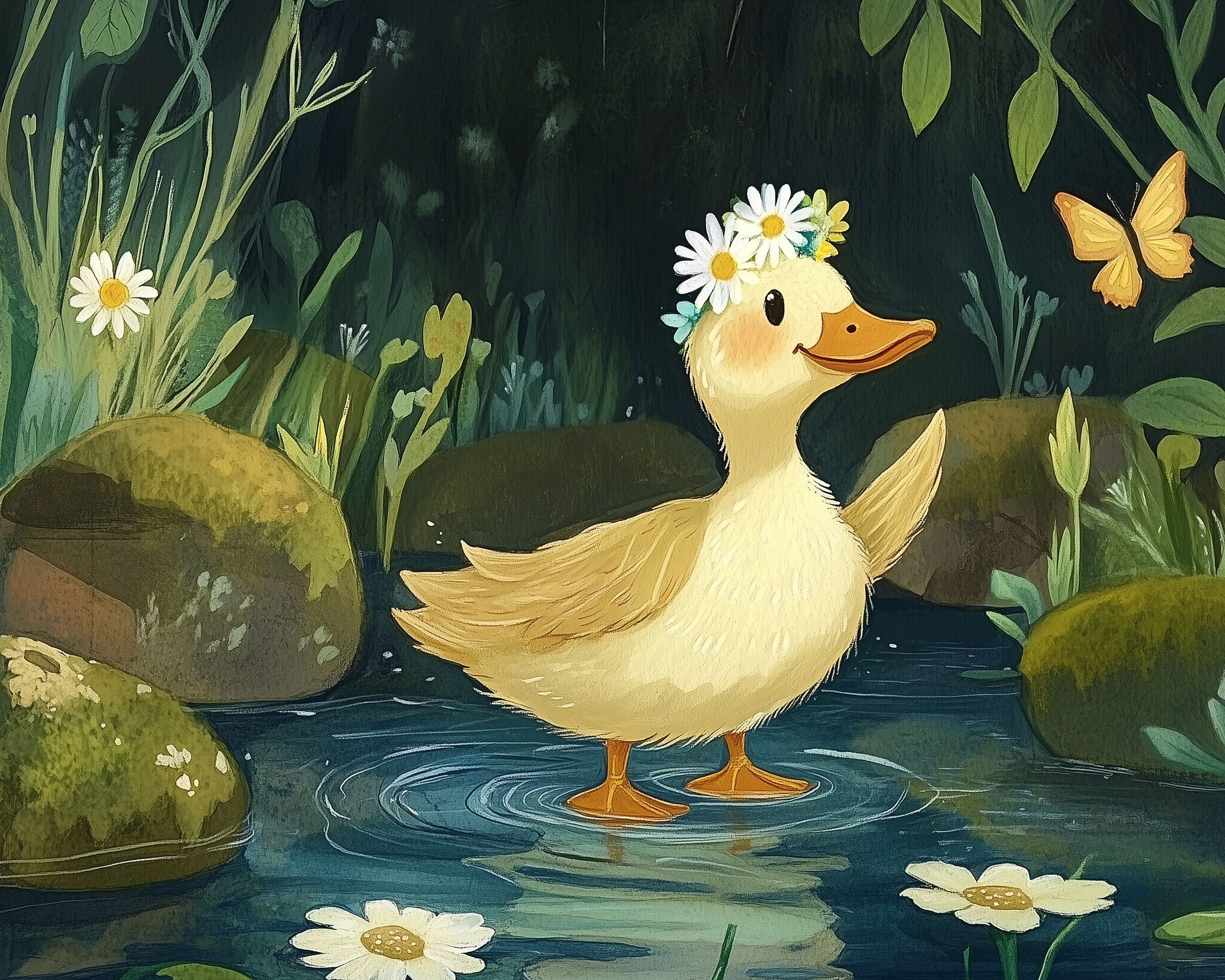 A cheerful yellow duckling wearing a daisy flower crown stands in a shallow forest pond, surrounded by mossy rocks, tall green plants, and floating daisies. The duckling smiles and raises one wing toward a fluttering yellow butterfly, creating a whimsical and serene woodland scene.