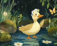 A cheerful yellow duckling wearing a daisy flower crown stands in a shallow forest pond, surrounded by mossy rocks, tall green plants, and floating daisies. The duckling smiles and raises one wing toward a fluttering yellow butterfly, creating a whimsical and serene woodland scene.