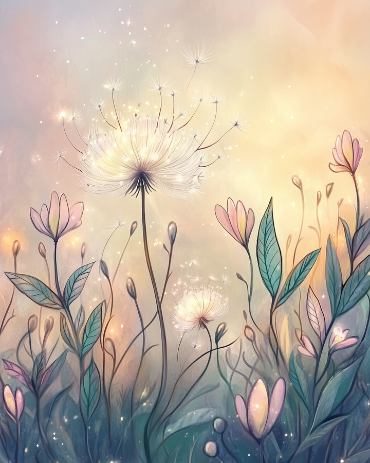 A dreamy illustration of dandelions and wildflowers glowing softly against a pastel sunset background, with dandelion seeds drifting through the air. The scene is filled with sparkling light and delicate pink and teal blossoms, evoking a sense of peace and gentle magic.