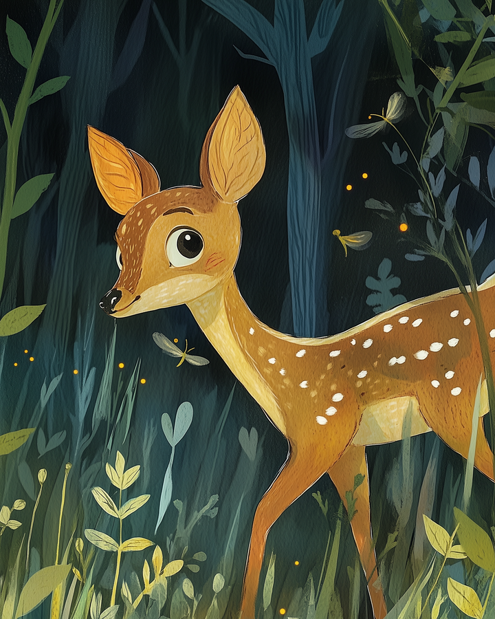 A wide-eyed fawn with white spots on its back stands alert in a moonlit forest clearing, surrounded by tall grass and softly glowing fireflies. The background features dark trees and delicate foliage, giving the scene a calm, enchanted feeling.