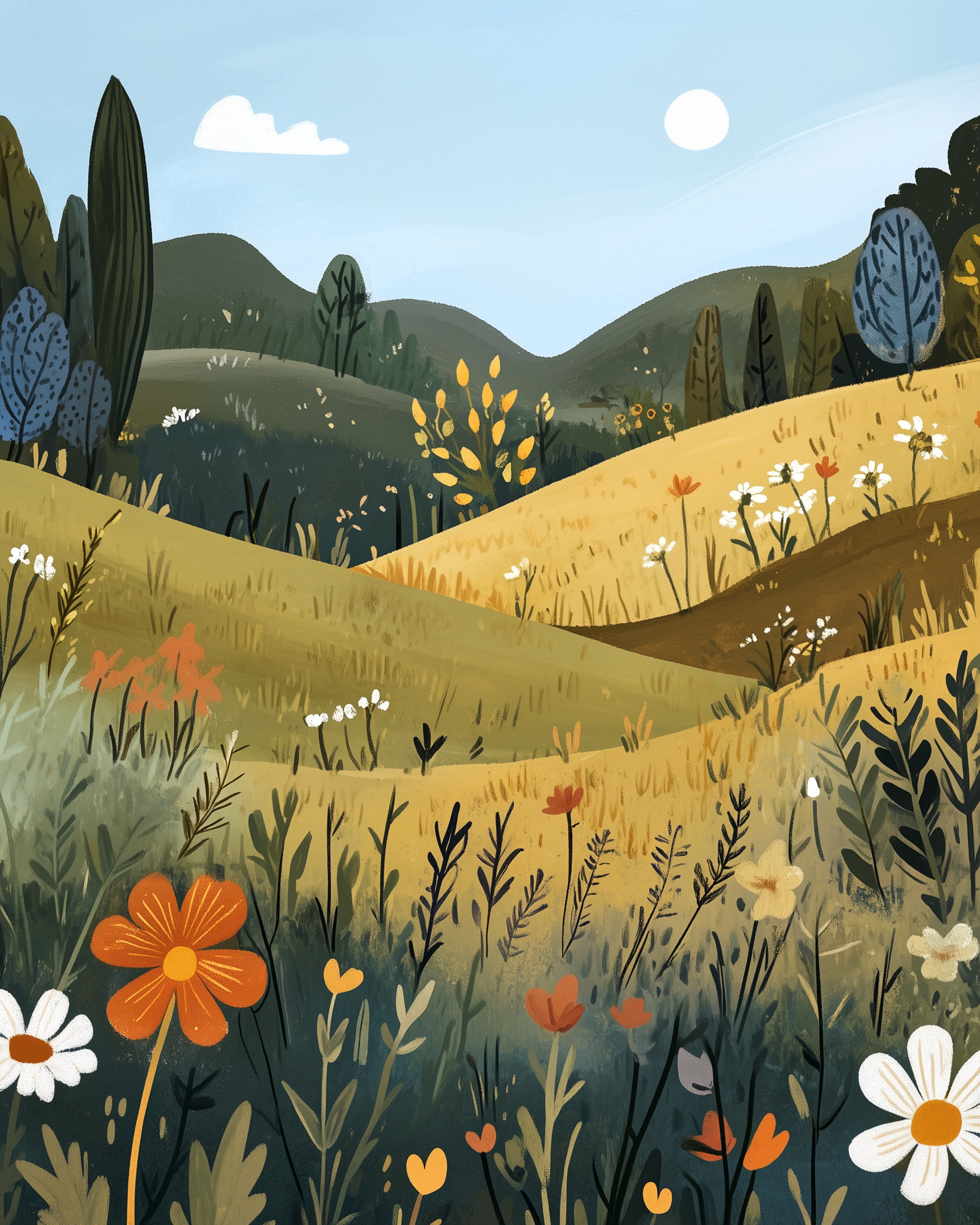 Peaceful daytime scene of rolling green and golden hills covered in wildflowers, with orange, white, and yellow blossoms under a soft blue sky.
