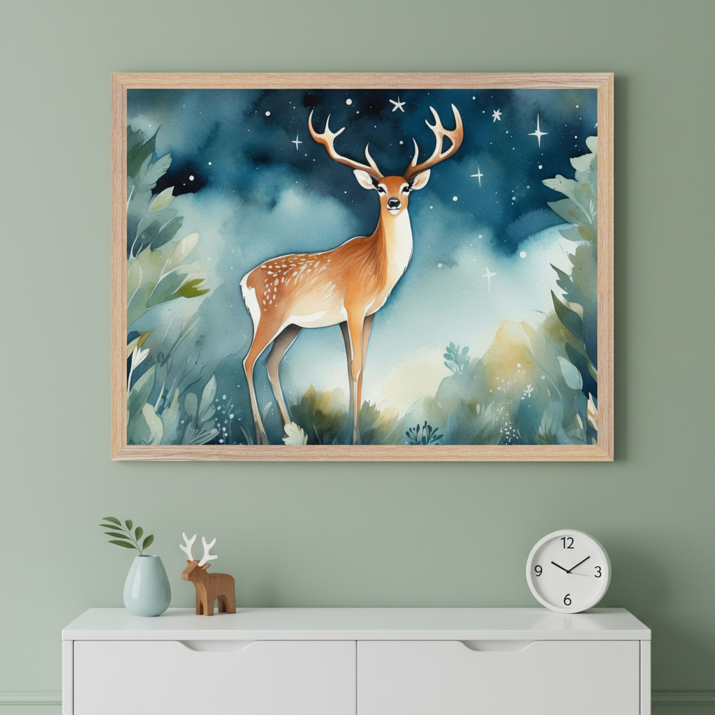 Modern children's room with a white dresser. A large framed watercolor painting of a brown deer with antlers in a starry forest hangs centrally above the dresser. A vase, wooden deer, and clock are on the dresser.