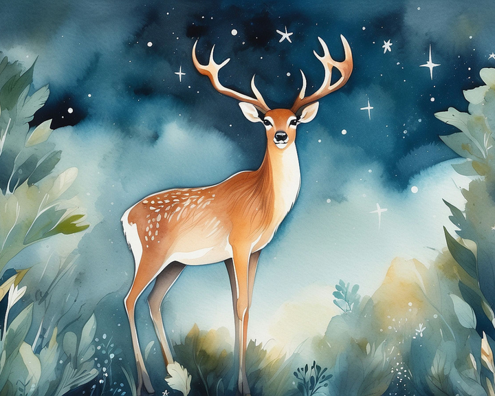 A majestic deer with prominent antlers stands gracefully in a lush, leafy forest under a starry night sky, surrounded by soft, watercolor-style foliage.