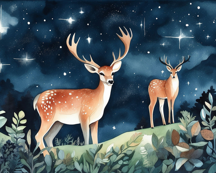 Two spotted deer with majestic antlers stand gracefully on a grassy hill under a starry night sky, surrounded by lush foliage in a watercolor illustration.