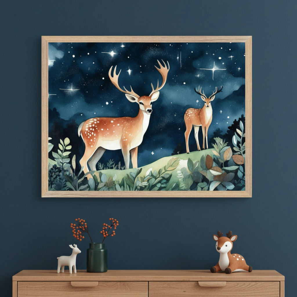 Modern child's room with a dark blue wall and light wood dresser. A large framed watercolor-style print of two deer under a starry night sky hangs above the dresser. On the dresser are a white deer figurine, a vase with berries, and a plush deer toy.
