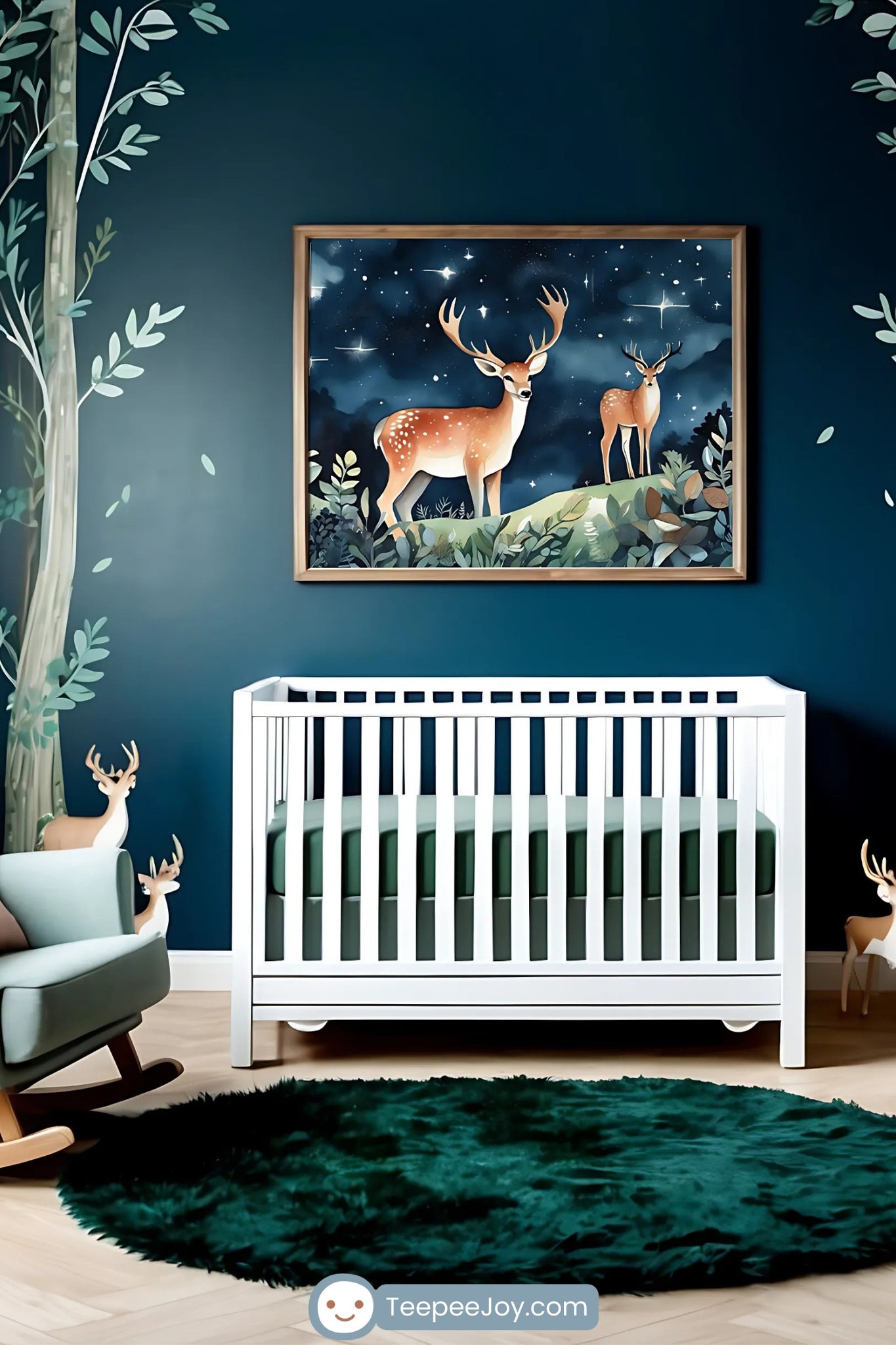 This nursery features a woodland-themed decor with a central white crib, surrounded by forest-green accents and tree wall art. A framed artwork of two deer under a starry night sky is the focal point, complementing the natural tones of the room. The cozy rocking chairs, deer figurines, and a soft green rug add to the serene and whimsical atmosphere.