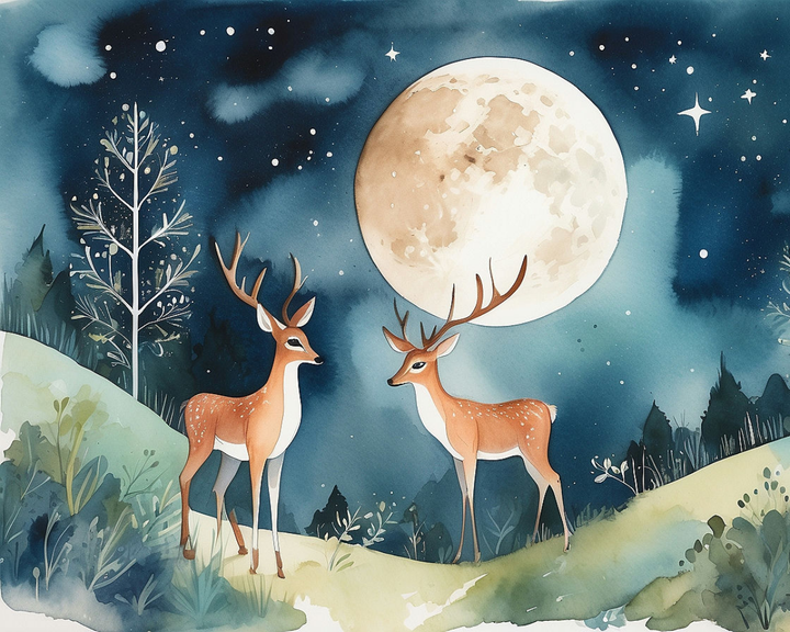 Two deer with antlers stand gracefully on a hill under a large, glowing full moon in a starry night sky, surrounded by lush greenery and silhouetted trees.