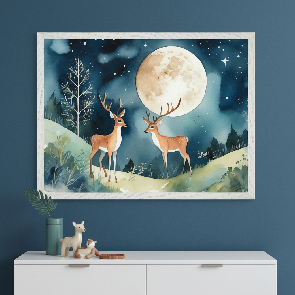 Modern room with a white dresser. A large, white-framed watercolor painting of two deer beneath a full moon and starry night sky hangs above the dresser. A green vase and ceramic deer are on the dresser.