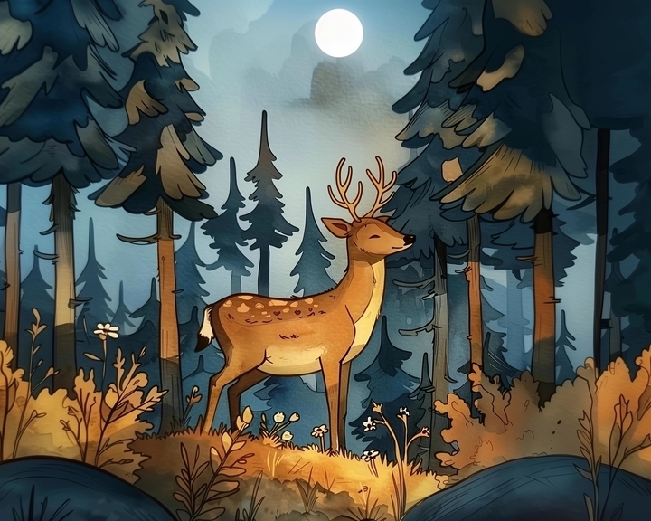 A glowing deer stands alert in a moonlit forest surrounded by wildflowers and trees, with cool shadows and golden highlights creating a magical nighttime mood.
