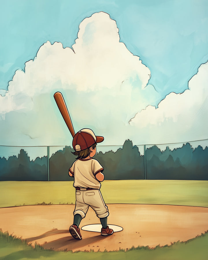  A small baseball player stands at home plate ready to swing, holding a bat over his shoulder with a sunny outfield and tall fence in the background.
