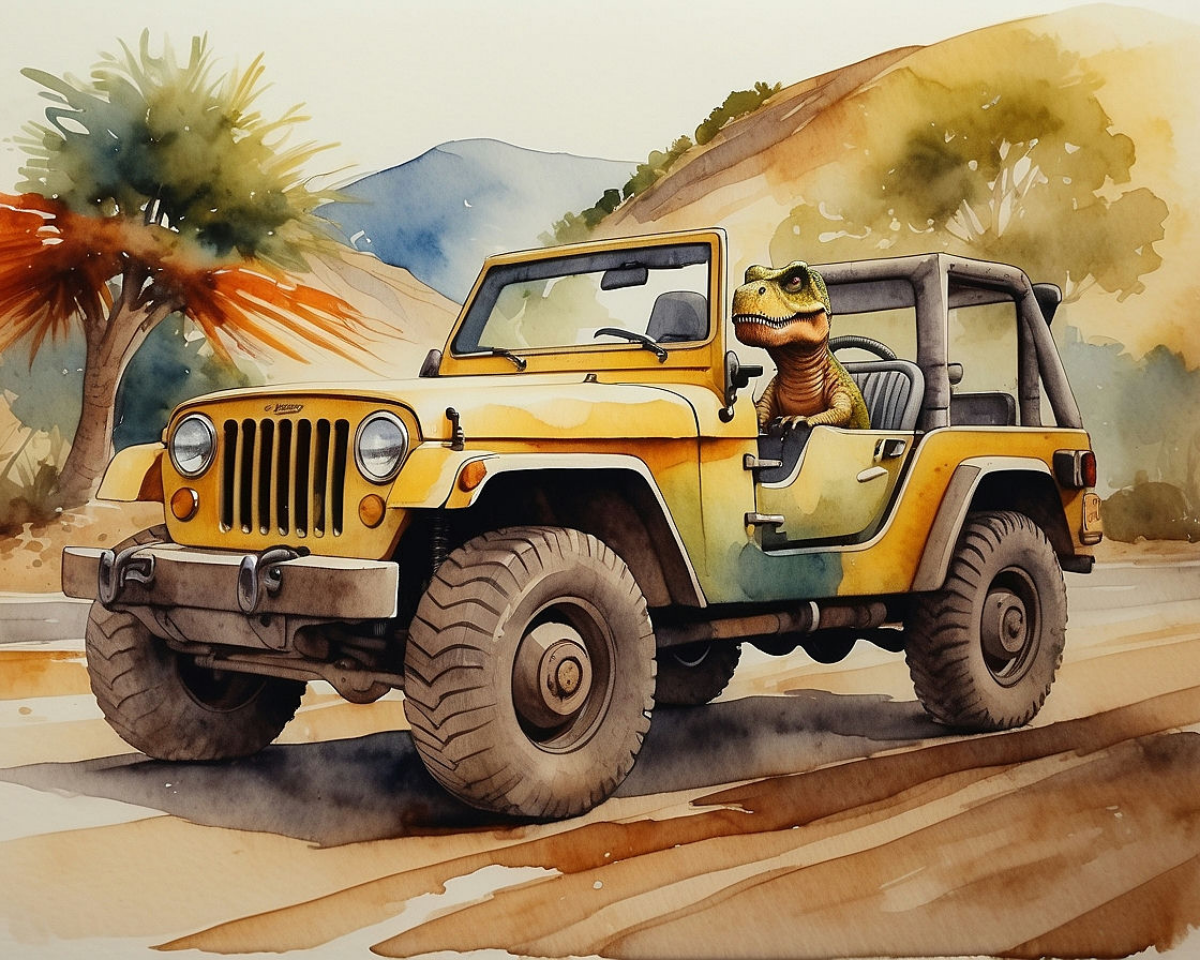 A whimsical watercolor illustration depicts a yellow Jeep with a small dinosaur sitting in the driver's seat. The scene is set on a dusty road with colorful foliage and mountains in the background, creating a playful and adventurous atmosphere.