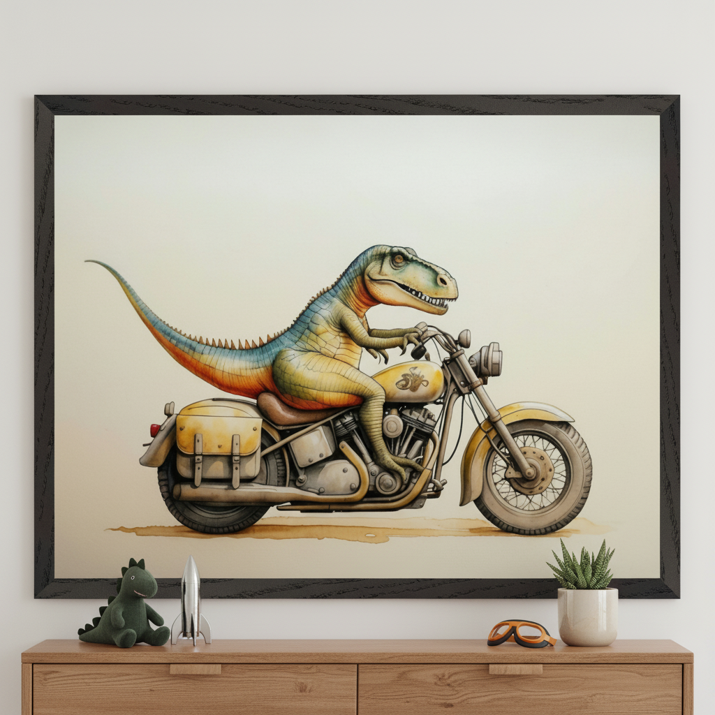 Modern kid's room with a light wood dresser. A large framed watercolor print of a colorful dinosaur riding a yellow motorcycle hangs above the dresser. A plush dinosaur, rocket, goggles, and succulent are on the dresser.